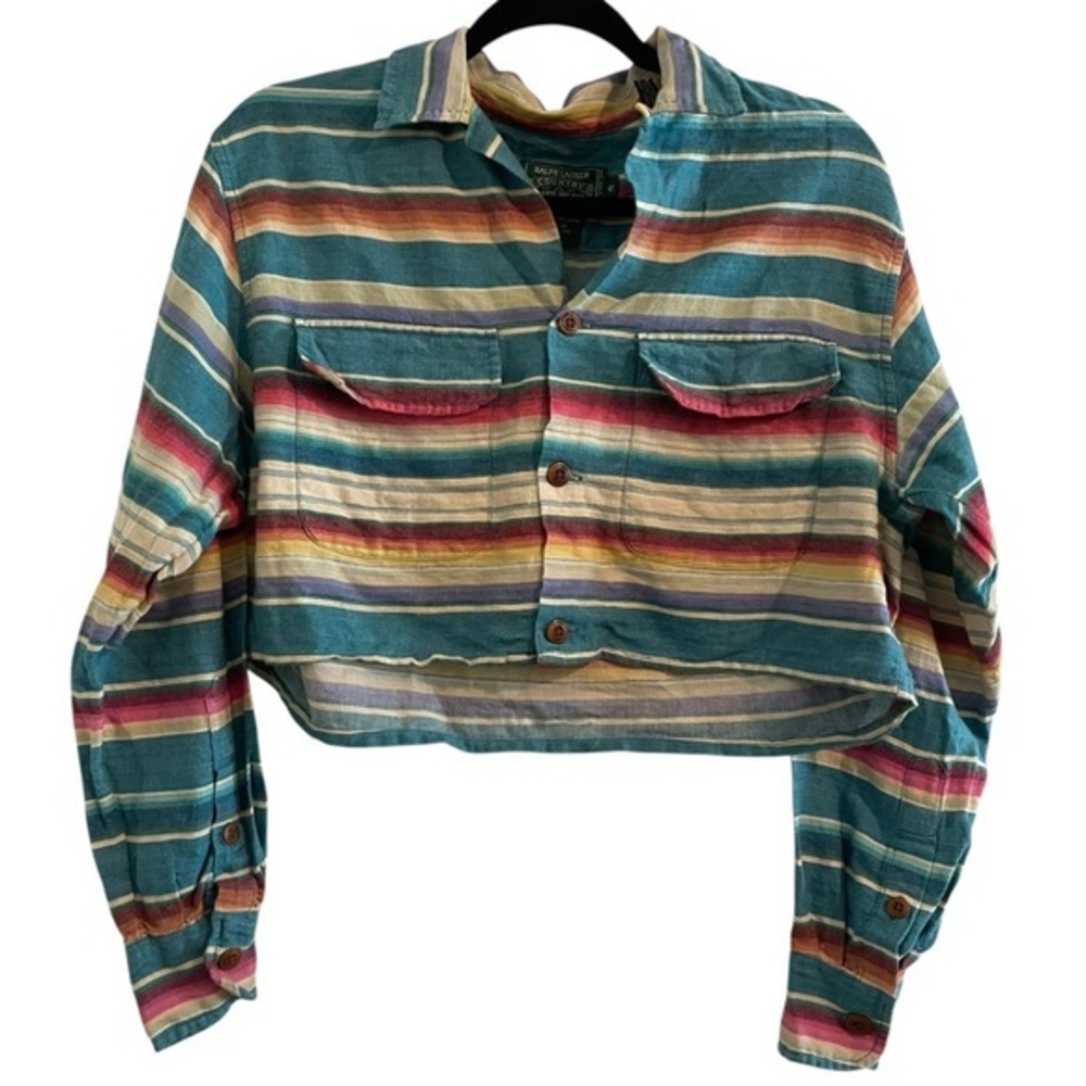 RALPH LAUREN COUNTRY Southwestern Serape Long Sleeve Cropped Cotton Shirt Small